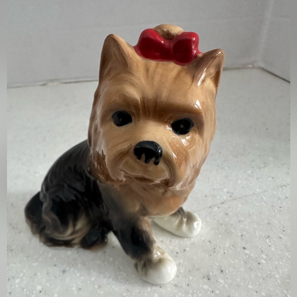 Vintage Bone China Yorkshire Terrier Dog Figurine with Red Bow! Collectible